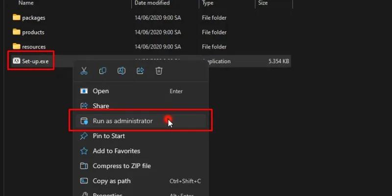Chuột phải vào Set-up.exe và chọn run as admin