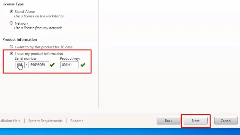 Nhập Serial number: 666-69696969, product key: 001H1 và bấm Next