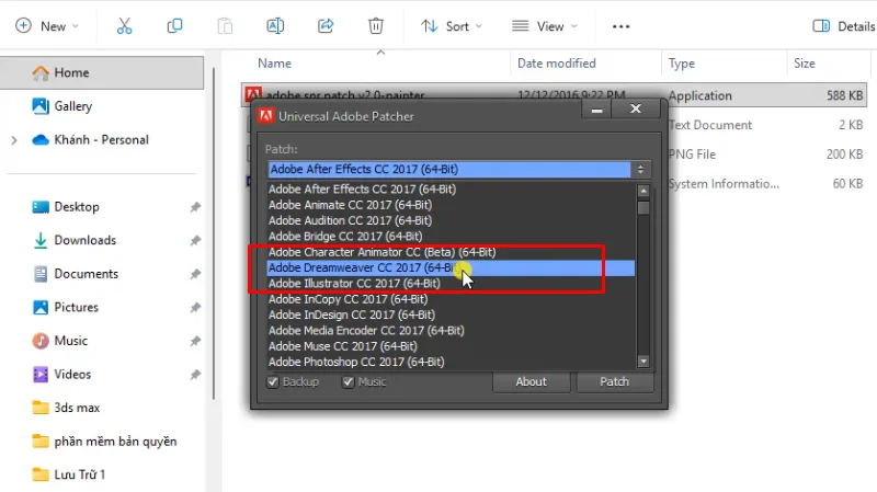 Chọn Adobe Dreamweaver  CC 2017 (64-BIT)