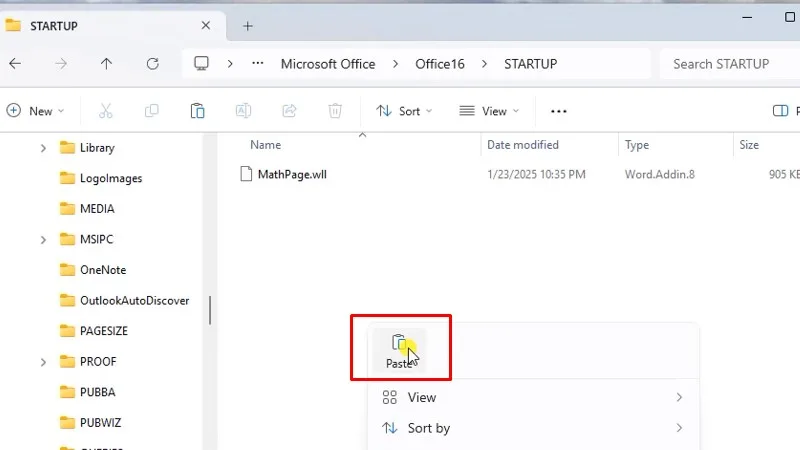 C > Program Files > Microsoft Office > Office 16 > STARUP >> Paste