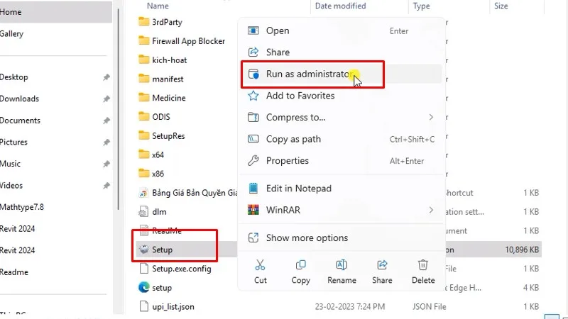 Chạy file cài đặt Setup bằng quyền Admin
