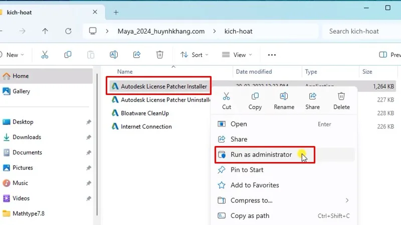 Chạy file Autodesk License Patcher Insaller bằng quyền Admi