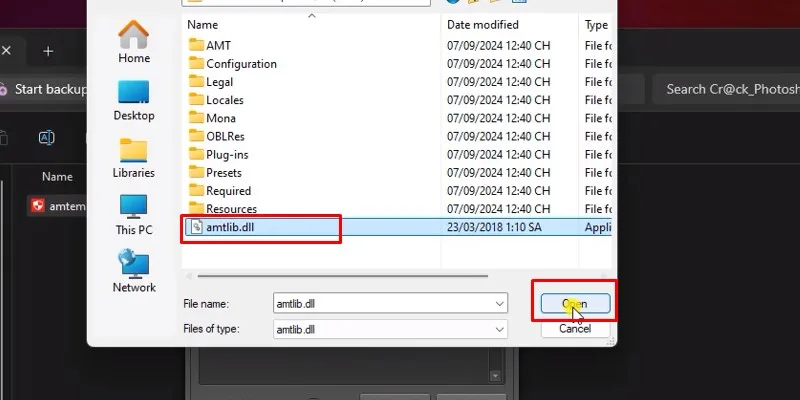 chọn file amtilb.dll và bấm Open