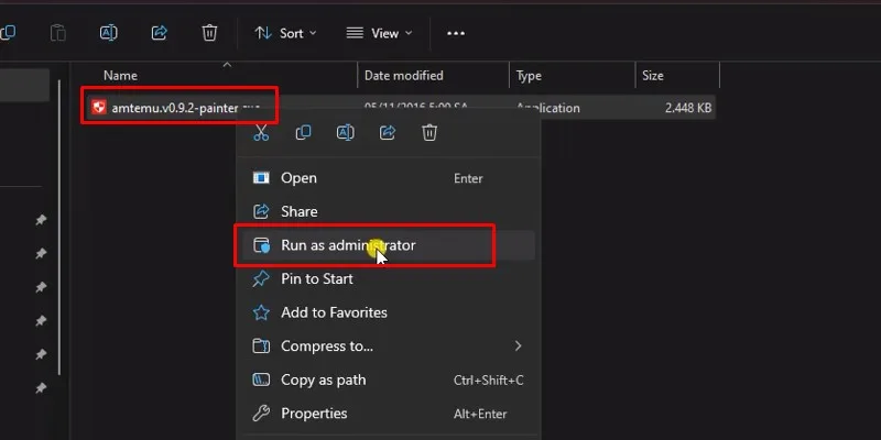 Chuột phải vào file amtemu.v0.9.2.. và chọn Run As Admin