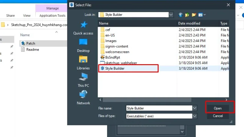 Vào thư mục Style Builder như hình và bấm Open