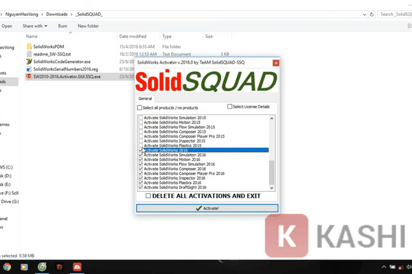 Nhấn chọn "SW2010-2016-Activator.GUI.SSQ.exe" -> Kéo xuống chỉ chọn những "Activate 2016" -> Nhấn vào "Activate"