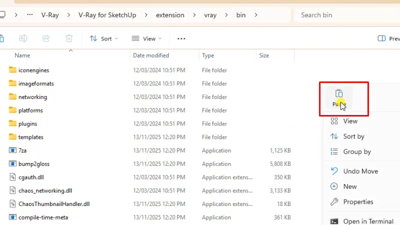 Vào đường dẫn: C:>Program Files>Cháo Group>V-Ray>V-Ray for SketchUp>extension>vray>bin paste vào như hình