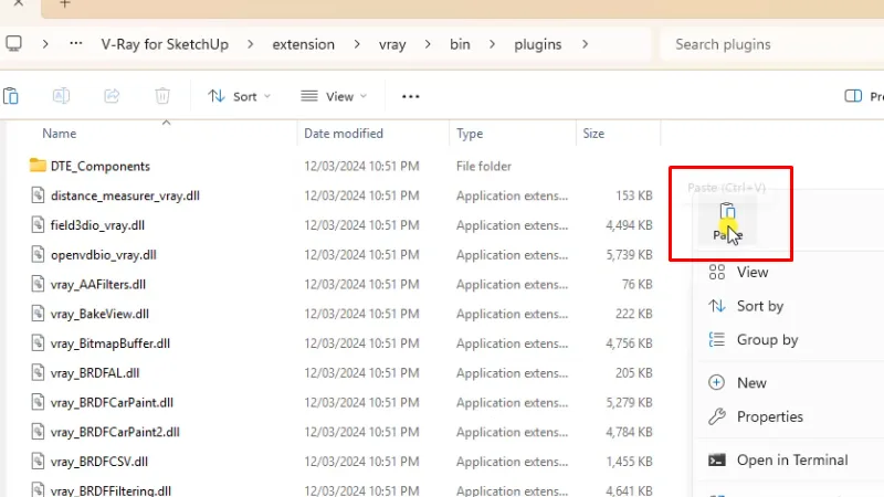 Vào đường dẫn: C:>Program Files>Cháo Group>V-Ray>V-Ray for SketchUp>extension>vray>bin>plugins paste vào như hình