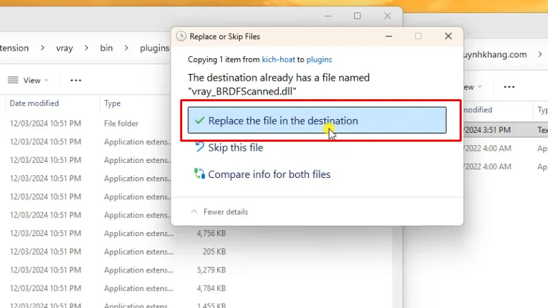 Bấm Replace the file...