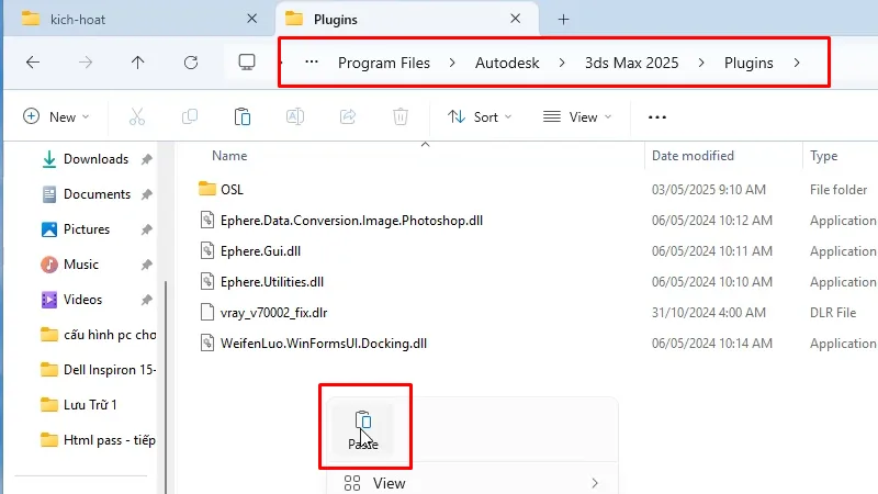 Paste vào theo đường dẫn: C>Program Files>Autodesk>3ds Max 2025>Plugins