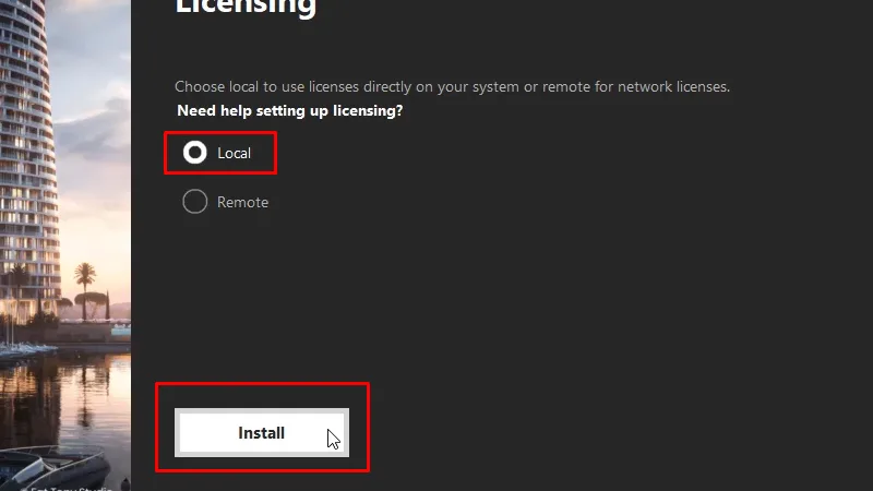 Tích vào Local và Bấm Install