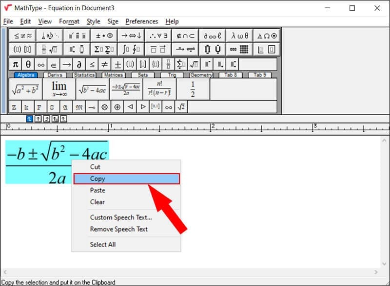 Hãy bôi đen công thức rồi chọn Copy trên giao diện Mathtype.