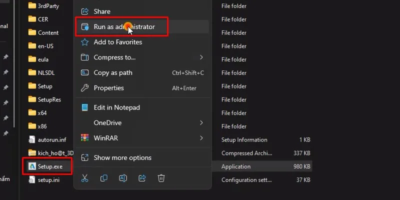 chuột phải vào Setup và chọn Run admin